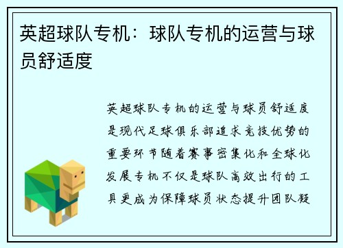 英超球队专机：球队专机的运营与球员舒适度